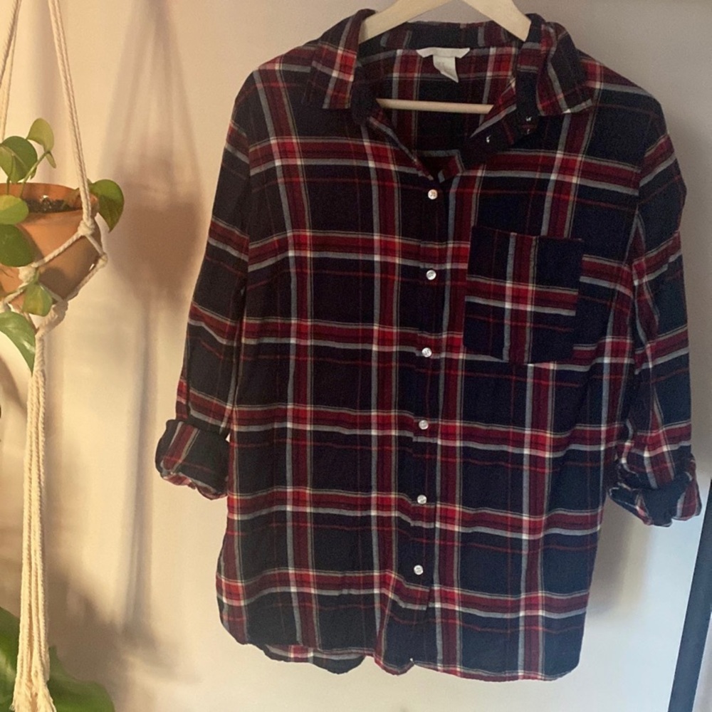Navy plaid button up